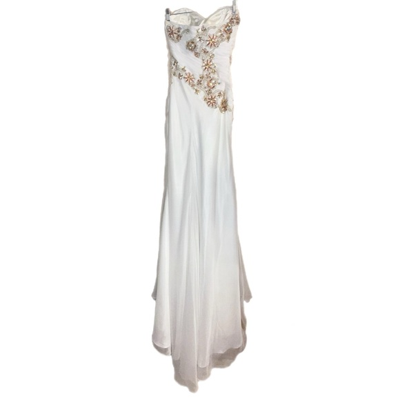 Jasz Couture - Strapless Maxi Gown - Floral Beaded White Chiffon - Size 4 - Picture 4 of 10